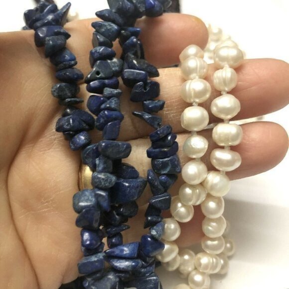 Lapis Lazuli Freshwater Pearls Multi Strand Beaded Necklace 26” Vintage - Picture 4 of 7